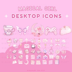 Puede incluir: Un conjunto de 30 iconos de escritorio de temática de chicas mágicas en rosa y blanco. Los iconos incluyen una taza de té, una varita mágica, un mando de juego, un libro, una cámara, una flor, una nube, una luna, una estrella, un lazo, un bolso, un portátil, un teléfono, unos auriculares, una taza de café, un globo terráqueo, una paleta de maquillaje, un pintalabios, un frasco de perfume y un pastel.