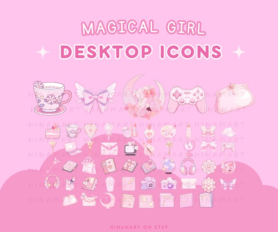 Magical Pink Desktop Icons Set Cute Desktop Organizer Icons Folders Kawaii pink aesthetic wallpaper anime girl shoujo 4k Windows Mac Icons