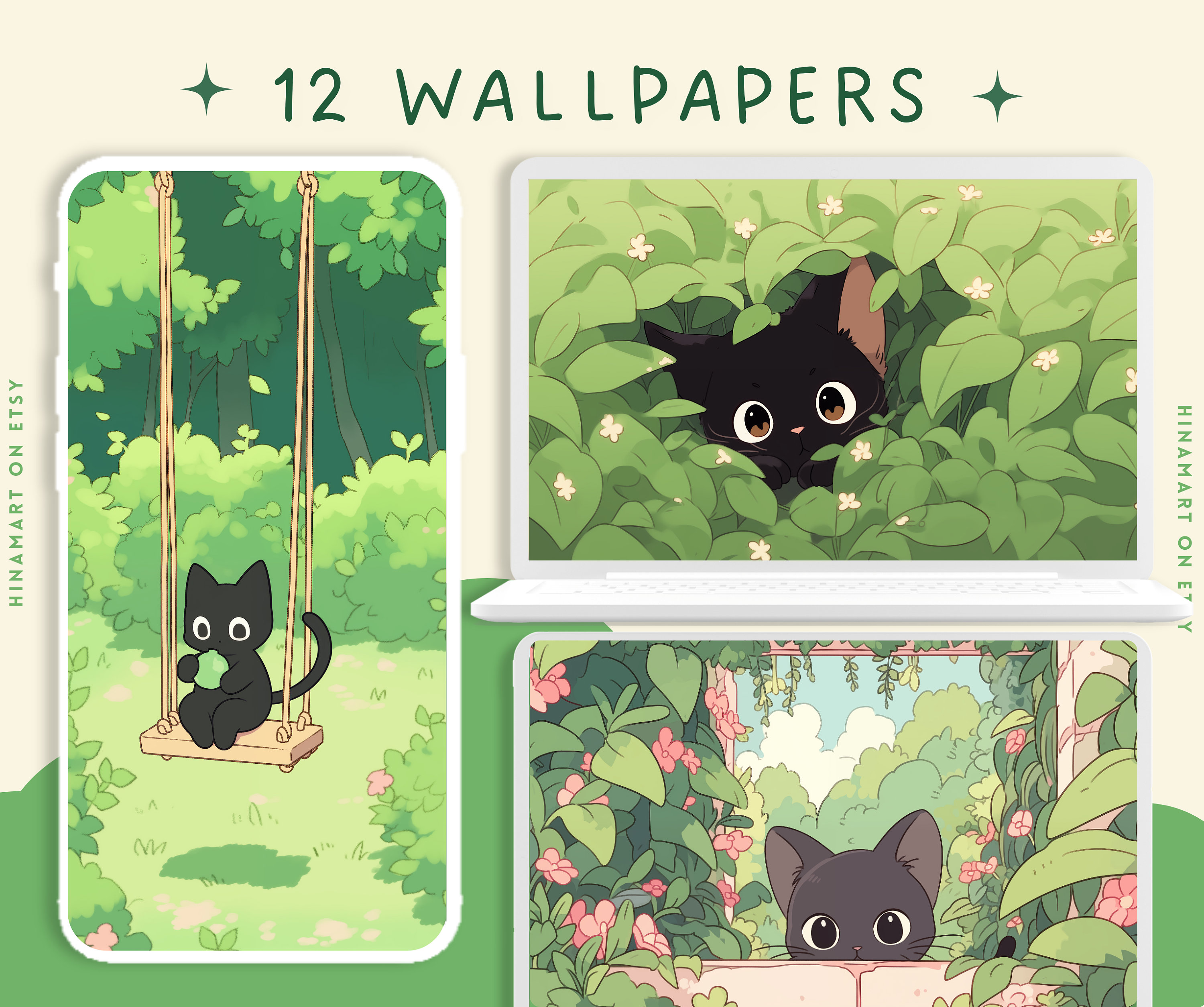 Black cats wallpaper lofi matcha wallpaper cute plants wallpaper kawaii green wallpaper desktop bundle wallpaper anime desktop wallpapers