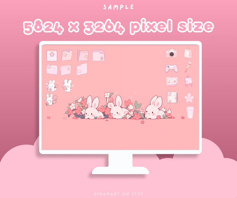 Sakura Bunny Lofi - Conjunto de fondos de pantalla para escritorio, iconos, organizador de escritorio rosa, flores kawaii, carpeta, fondo, paquete estético para Windows y Mac imagen 9