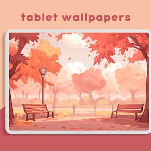 May include: A digital illustration of a park scene with two benches, trees with orange and red leaves, and a lamppost. The background is a soft pink colour. The text "tablet wallpapers" is at the top of the image.