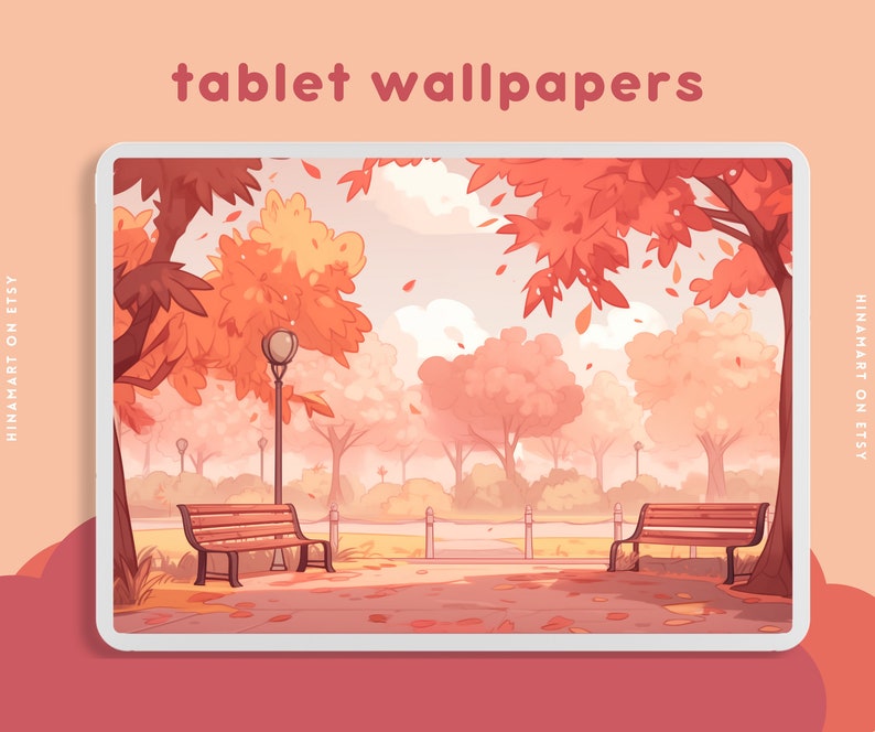 May include: A digital illustration of a park scene with two benches, trees with orange and red leaves, and a lamppost. The background is a soft pink colour. The text "tablet wallpapers" is at the top of the image.