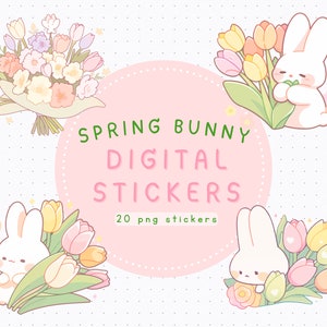 Spring bunnies png kawaii digital sticker easter tulip flower png cute cherry blossom sticker anime planner journaling goodnotes stickers