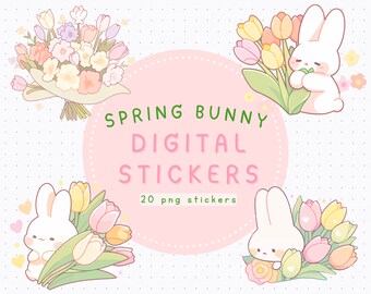 Spring bunnies png kawaii digital sticker easter tulip flower png cute cherry blossom sticker anime planner journaling goodnotes stickers