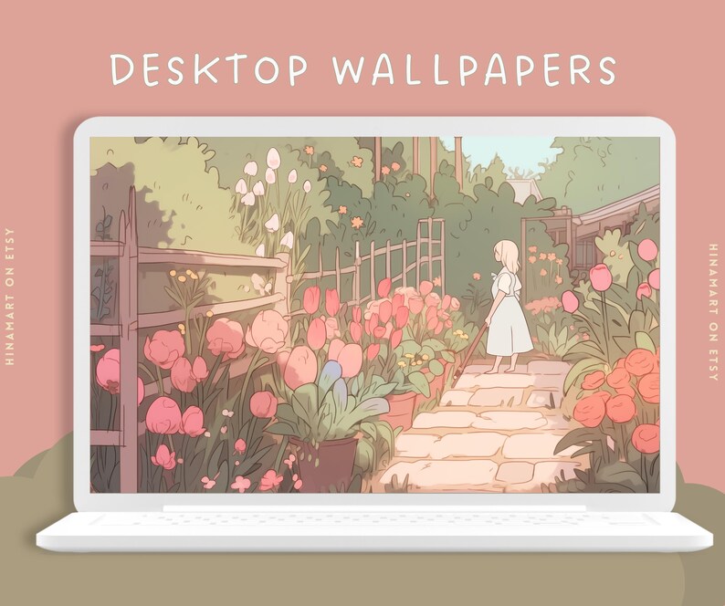 May include: A digital illustration of a girl in a white dress walking through a garden with pink and red flowers. The background is a light green and pink color scheme. The text "DESKTOP WALLPAPERS" is at the top of the image.