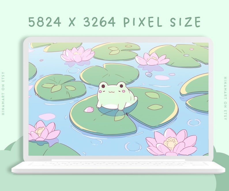 May include: A green frog sits on a lily pad in a pond with pink water lilies. The background is a light blue sky with white clouds.
