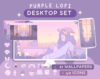 Purple Lilac Lofi Desktop Set Wallpapers Icons Purple Cute Desktop Organizer Kawaii Flowers Folder Background Windows Mac Bundle Aesthetic