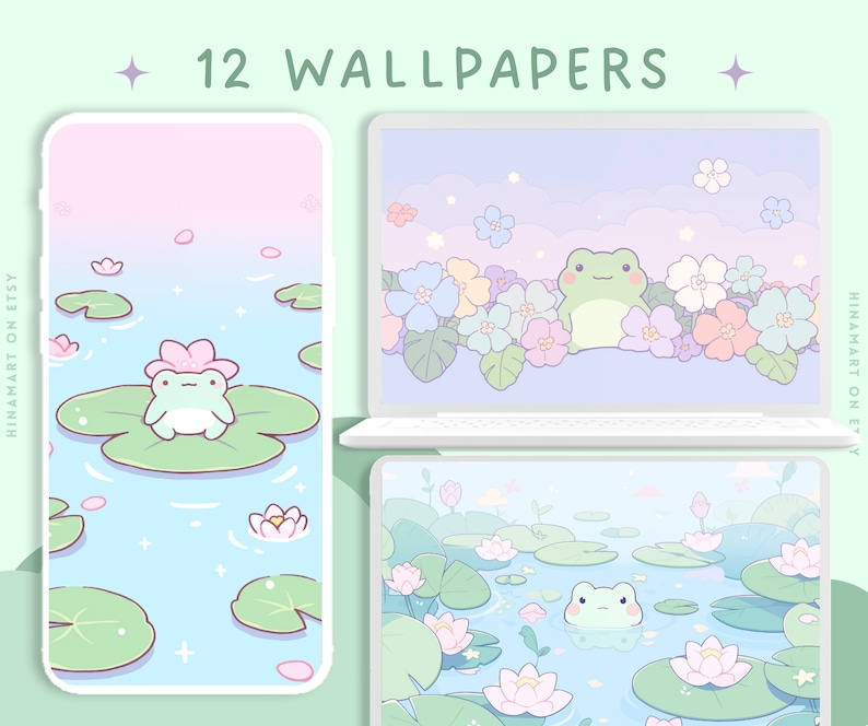 May include: A set of 12 digital phone wallpapers featuring cute green frogs on lily pads in a pond with pink and blue flowers. The wallpapers have a pastel color scheme and a whimsical style.