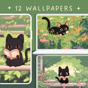 Könnte beinhalten: Ein Set mit 12 digitalen Handy-Hintergrundbildern mit niedlichen schwarzen Katzen, die in verschiedenen Umgebungen Bücher lesen. Die Hintergrundbilder haben eine weiche, pastellfarbene Farbpalette und zeigen eine Vielzahl von Blumen- und Naturelementen.