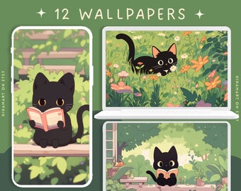 May include: A set of 12 digital phone wallpapers featuring cute black cats reading books in various settings. The wallpapers have a soft, pastel color palette and feature a variety of floral and nature elements.