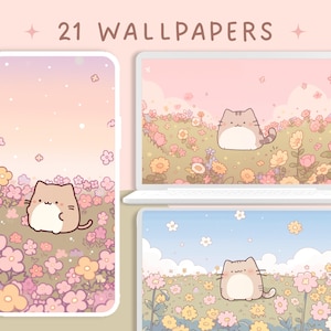 May include: A set of 21 phone wallpapers featuring a cute cartoon cat in a field of pink, yellow, and white flowers. The cat is wearing a light brown and white fur coat and has a pink nose. The background is a soft pink and white gradient.