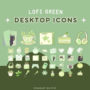 Green Lofi Matcha Desktop Icons Set Cute Desktop Organizer Icon Kawaii Cat Folder Icon Windows Mac Icons Aesthetic Plants Cats