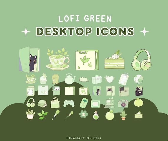 Green Lofi Matcha Desktop Icons Set Cute Desktop Organizer Icon Kawaii Cat Folder Icon Windows Mac Icons Aesthetic Plants Cats