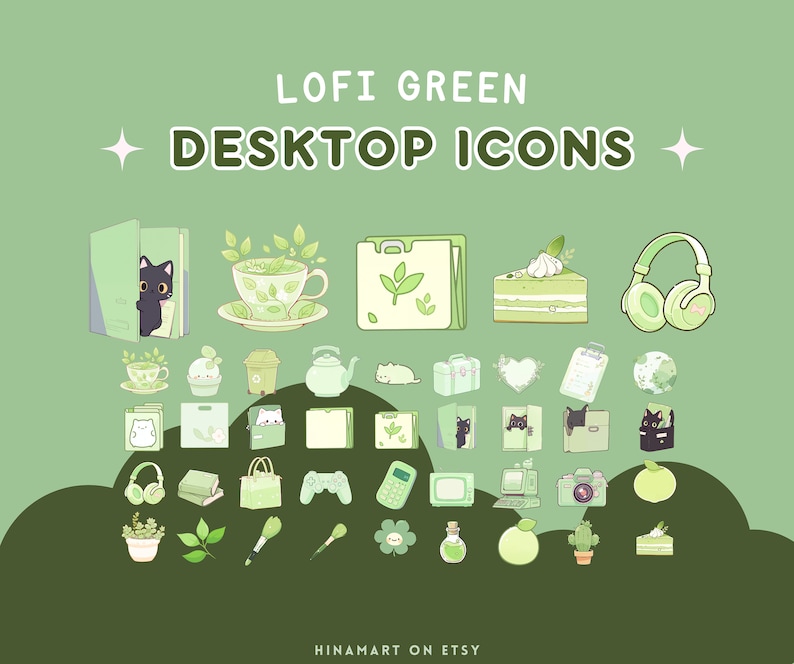 May include: A set of 30 green and white illustrated desktop icons featuring a variety of themes, including plants, animals, food, and technology. The icons are designed in a cute, cartoon style and are perfect for adding a touch of personality to your computer.