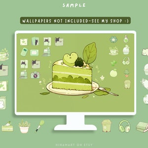 May include: A green computer monitor displaying a green cake with a green apple on top. The cake is on a white plate with green leaves. The monitor is surrounded by green and white icons, including a cat, a plant, a cup of tea, and a book. The text "WALLPAPERS NOT INCLUDED-SEE MY SHOP :)" is displayed at the top of the monitor.