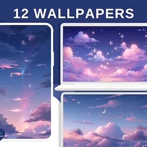 May include: Digital download of 12 wallpapers featuring a dreamy night sky with clouds, stars, and a crescent moon. The wallpapers are displayed on a phone, laptop, and tablet, showcasing the artwork's versatility. The text "12 WALLPAPERS" is at the top.