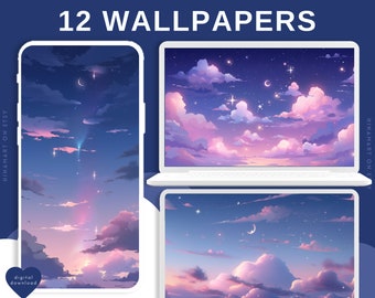 Lofi Night Sky Wallpapers pastel dromerige esthetische schattige wolken hemelse sterren anime wallpaper pack kawaii achtergrond screensavers desktop