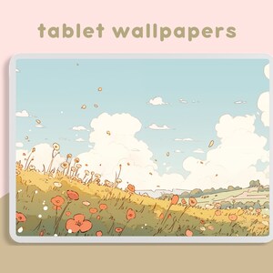 May include: A digital illustration of a field of red and white flowers with a blue sky and white clouds in the background. The image is suitable for use as a tablet wallpaper.