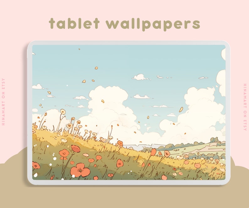 May include: A digital illustration of a field of red and white flowers with a blue sky and white clouds in the background. The image is suitable for use as a tablet wallpaper.