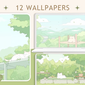 Groen kattenbehang lofi plantenbehang gezellig behang desktop japan behang kawaii studiobehang katten en planten pastelbehang