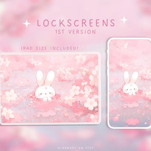 May include: Pink digital lockscreens with a bunny in a floral design. The text "LOCKSCREENS 1ST VERSION" and "IPAD SIZE INCLUDED!" are visible. The image is designed for both iPad and phone.