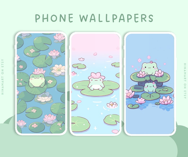 May include: Three phone wallpapers featuring cute green frogs sitting on lily pads in a pond. The first wallpaper has a repeating pattern of lily pads and flowers. The second wallpaper has a single frog on a lily pad with pink flowers falling from the sky. The third wallpaper has three frogs stacked on top of each other on lily pads with pink flowers.