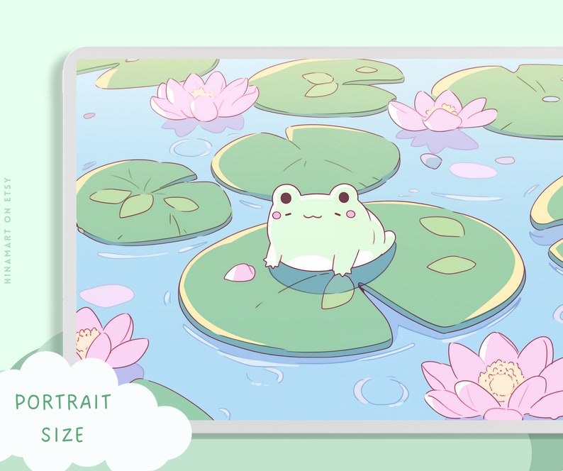 May include: A green frog sits on a lily pad in a pond with pink water lilies. The water is light blue and there are ripples in the water.