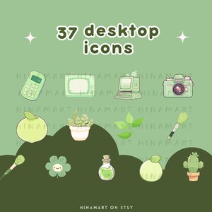 May include: A set of 37 green desktop icons featuring a variety of cute illustrations, including a phone, a television, a computer, a camera, an apple, a potted plant, a paintbrush, a four-leaf clover, a potion bottle, a cactus, and a green apple. The text "37 desktop icons" is at the top of the image.