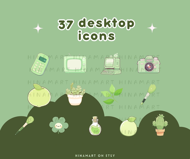 May include: A set of 37 green desktop icons featuring a variety of cute illustrations, including a phone, a television, a computer, a camera, an apple, a potted plant, a paintbrush, a four-leaf clover, a potion bottle, a cactus, and a green apple. The text "37 desktop icons" is at the top of the image.
