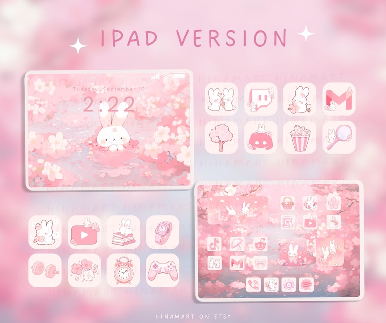 May include: Pink iPad wallpaper and app icon set with a bunny in a cherry blossom scene. The text "IPAD VERSION" is at the top. The app icons include a bunny, tree, popcorn, and more. The lock screen shows the date and time.