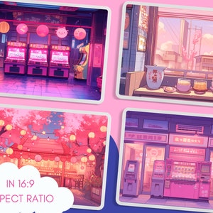 May include: A collage of four images depicting scenes from a Japanese city. The top left image shows a street lined with arcade games. The top right image shows a window view of a city street with cherry blossoms and a tea set on a table. The bottom left image shows a street lined with cherry blossom trees and lanterns. The bottom right image shows a street with vending machines and a sign that reads "自動販売機".