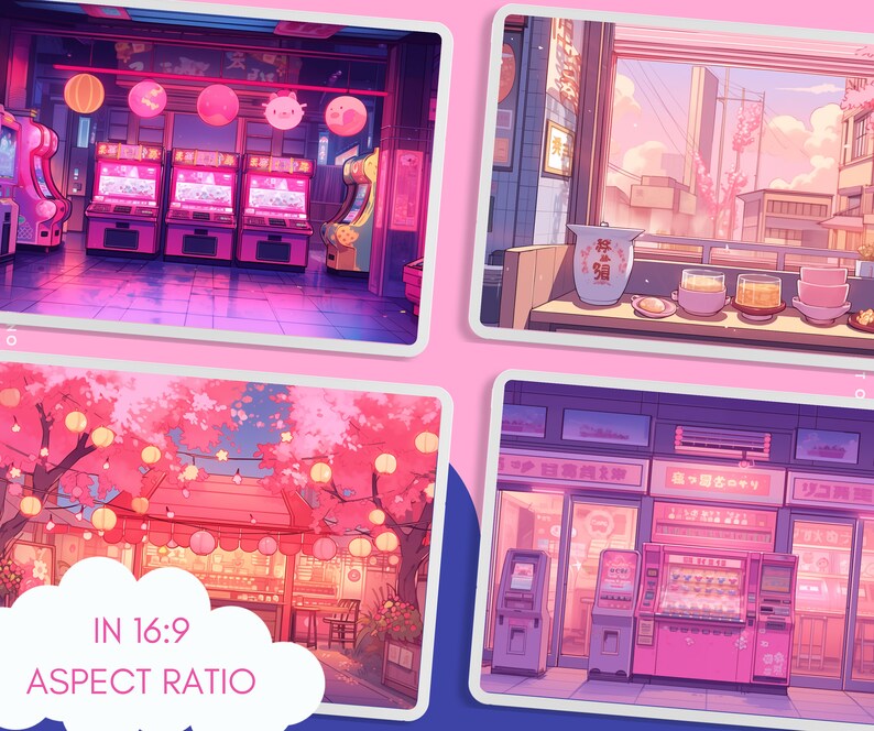 May include: A collage of four images depicting scenes from a Japanese city. The top left image shows a street lined with arcade games. The top right image shows a window view of a city street with cherry blossoms and a tea set on a table. The bottom left image shows a street lined with cherry blossom trees and lanterns. The bottom right image shows a street with vending machines and a sign that reads "自動販売機".
