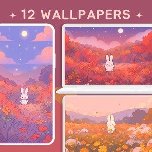May include: A set of 12 digital wallpapers featuring a cute white bunny in a field of flowers. The wallpapers have a soft, pastel color palette and a whimsical feel.