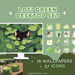 Lofi Matcha Green Desktop Set Wallpapers Icons Cute Desktop Organizer Kawaii Cat Folder Icon Background Windows Mac Bundle Pack Aesthetic
