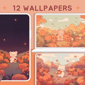 Süße Herbstbären-Tapete, Herbst-Kürbis-Tapete, Kawaii-Pastell-Urlaub, gemütliche Desktop-Tapete, Lockscreen-Halloween-Hintergrund-Tapete