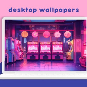 May include: A digital illustration of a retro arcade scene with glowing pink and blue lights. The scene features several arcade cabinets with pixelated graphics and a neon sign that reads "desktop wallpapers".
