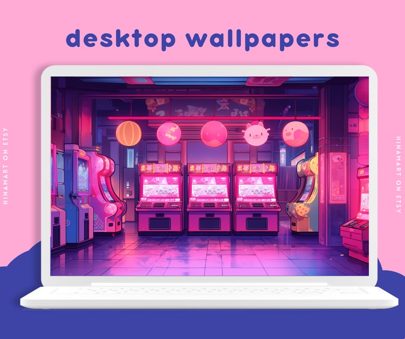 May include: A digital illustration of a retro arcade scene with glowing pink and blue lights. The scene features several arcade cabinets with pixelated graphics and a neon sign that reads "desktop wallpapers".