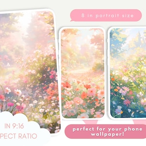 May include: A digital illustration of a field of pink and white flowers with a path leading into a forest. The image is in a 9:16 aspect ratio and is perfect for use as a phone wallpaper. The text "HINAMART ON ETSY" appears on the left and right sides of the image.