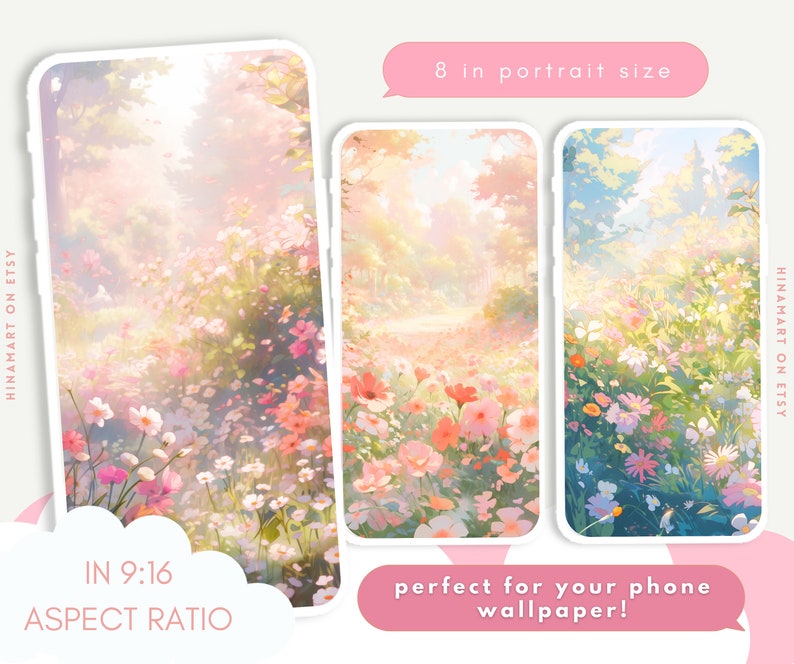 May include: A digital illustration of a field of pink and white flowers with a path leading into a forest. The image is in a 9:16 aspect ratio and is perfect for use as a phone wallpaper. The text "HINAMART ON ETSY" appears on the left and right sides of the image.