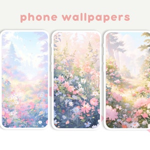 May include: Three phone wallpapers featuring a pastel-colored landscape with a path leading through a field of flowers. The flowers are pink, white, and blue. The background is a soft, hazy blue.