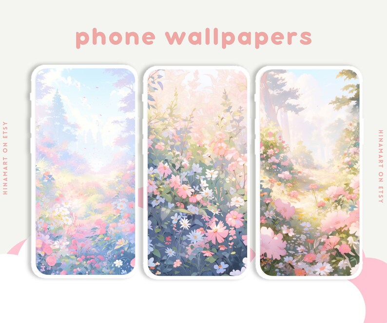 May include: Three phone wallpapers featuring a pastel-colored landscape with a path leading through a field of flowers. The flowers are pink, white, and blue. The background is a soft, hazy blue.