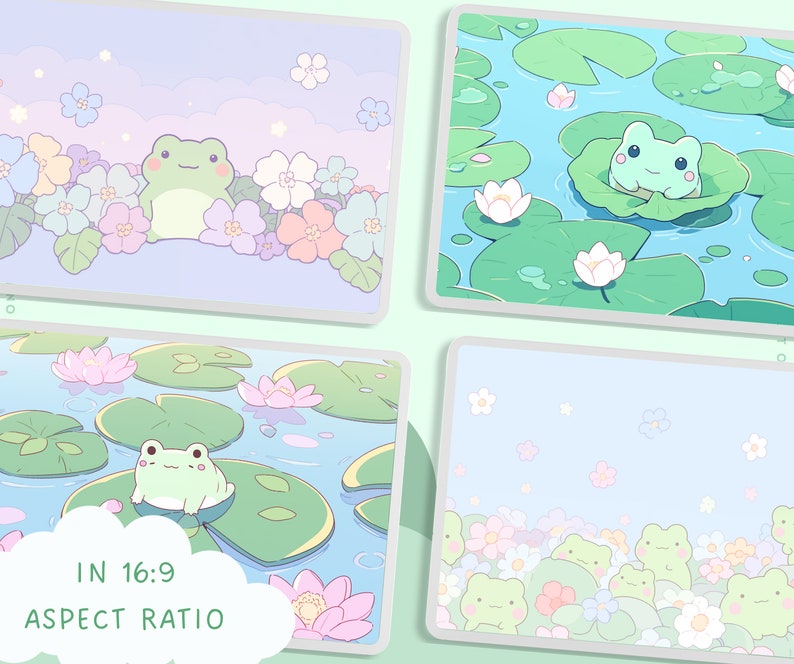 May include: Four digital illustrations featuring a green frog on a lily pad in a pond with pink and white flowers. The illustrations are in a 16:9 aspect ratio.