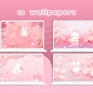 Sakura Bunny Lofi - Conjunto de fondos de pantalla para escritorio, iconos, organizador de escritorio rosa, flores kawaii, carpeta, fondo, paquete estético para Windows y Mac imagen 3