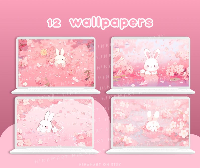 Sakura Bunny Lofi - Conjunto de fondos de pantalla para escritorio, iconos, organizador de escritorio rosa, flores kawaii, carpeta, fondo, paquete estético para Windows y Mac imagen 3