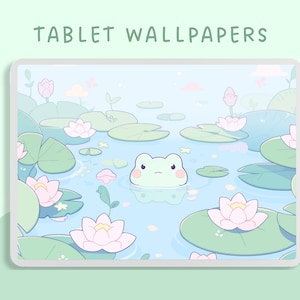 May include: A digital illustration of a green frog swimming in a pond with pink water lilies and green lily pads. The background is a light blue sky with white clouds.
