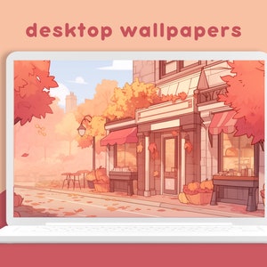 May include: A digital illustration of a shop front with a red awning and autumn foliage. The shop front has a large window with a display of goods inside. The building is painted in a light brown colour with white trim. The shop front is set against a backdrop of a blue sky with white clouds. The image is a digital illustration of an autumn scene.