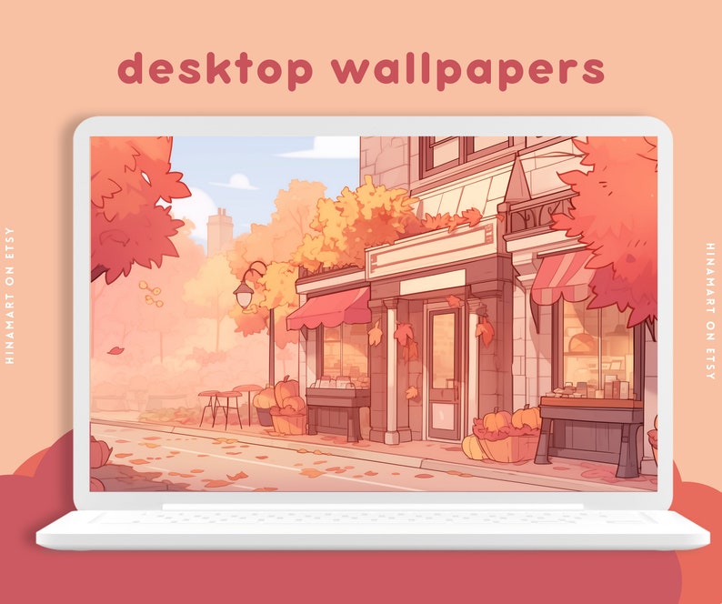 May include: A digital illustration of a shop front with a red awning and autumn foliage. The shop front has a large window with a display of goods inside. The building is painted in a light brown colour with white trim. The shop front is set against a backdrop of a blue sky with white clouds. The image is a digital illustration of an autumn scene.
