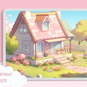 May include: A digital illustration of a pink and white cottage with a brown roof, surrounded by green grass and flowers. The cottage has a white picket fence and a stone path leading to the front door.