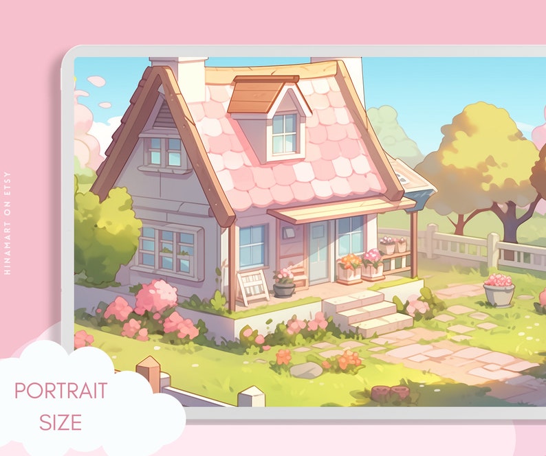 May include: A digital illustration of a pink and white cottage with a brown roof, surrounded by green grass and flowers. The cottage has a white picket fence and a stone path leading to the front door.