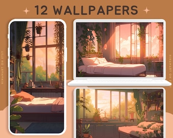 May include: A set of 12 digital wallpapers featuring a bedroom with a large window, a bed, and plants. The walls are a light brown color, and the windows are open to a view of a forest. The bed is made with white sheets and a light brown blanket. There are plants in pots on the windowsill and on the floor. The wallpapers are perfect for adding a touch of nature to your home.